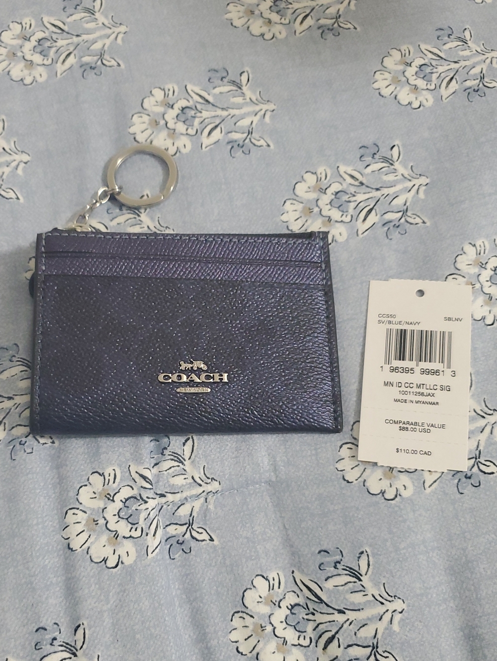 Coach Metallic Navy Leather Card Case with Key Ring
